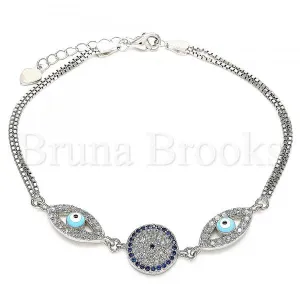 Sterling Silver 03.286.0026.07 Fancy Bracelet, Greek Eye Design, with Sapphire Blue and White Cubic Zirconia, Turquoise Enamel Finish, Rhodium Tone