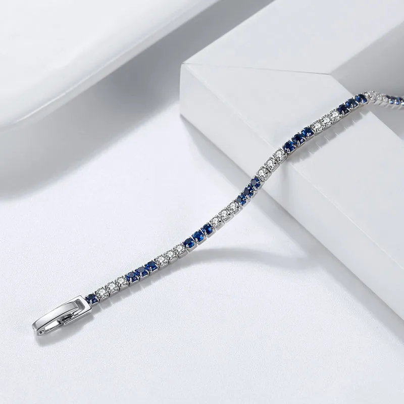 Sterling Silver 3 Alternating Sapphire and Clear 2mm CZ Bracelet