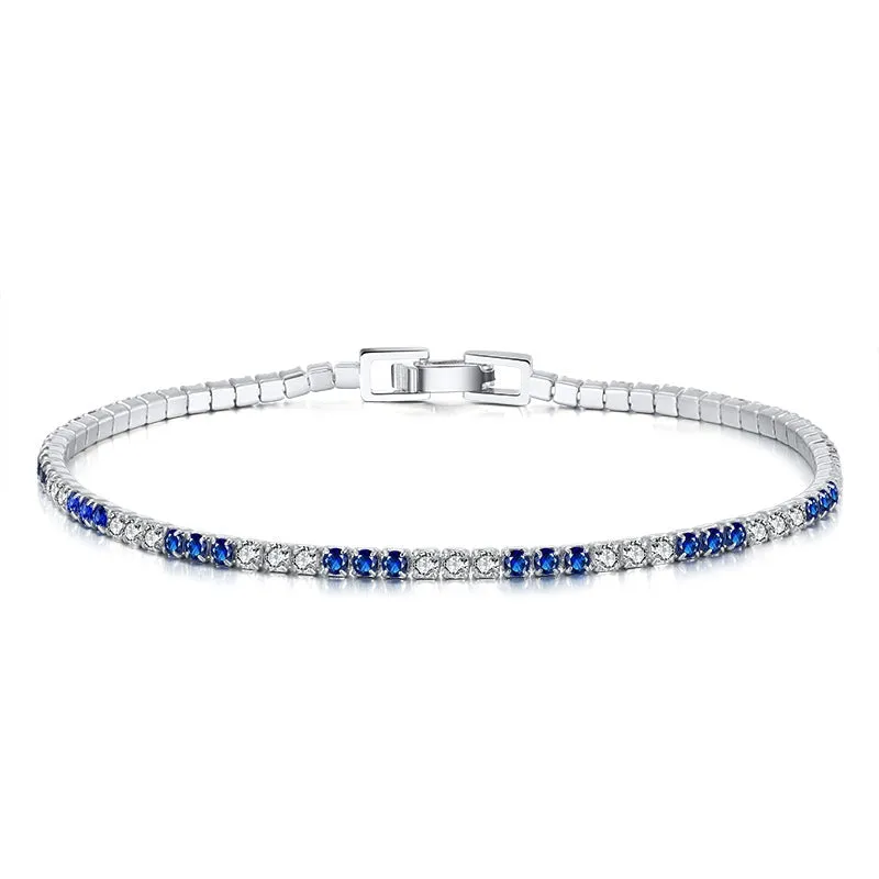 Sterling Silver 3 Alternating Sapphire and Clear 2mm CZ Bracelet
