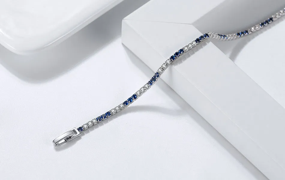 Sterling Silver 3 Alternating Sapphire and Clear 2mm CZ Bracelet