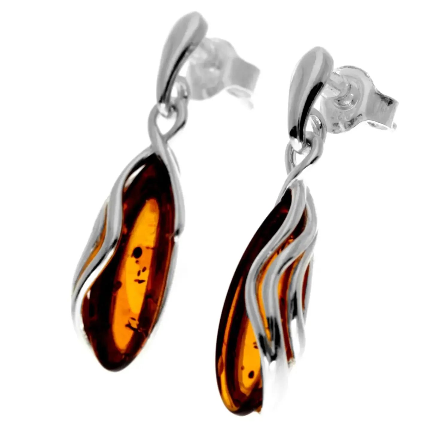 Sterling Silver & Genuine Baltic Amber Modern Studs Dangling Earrings - cognac