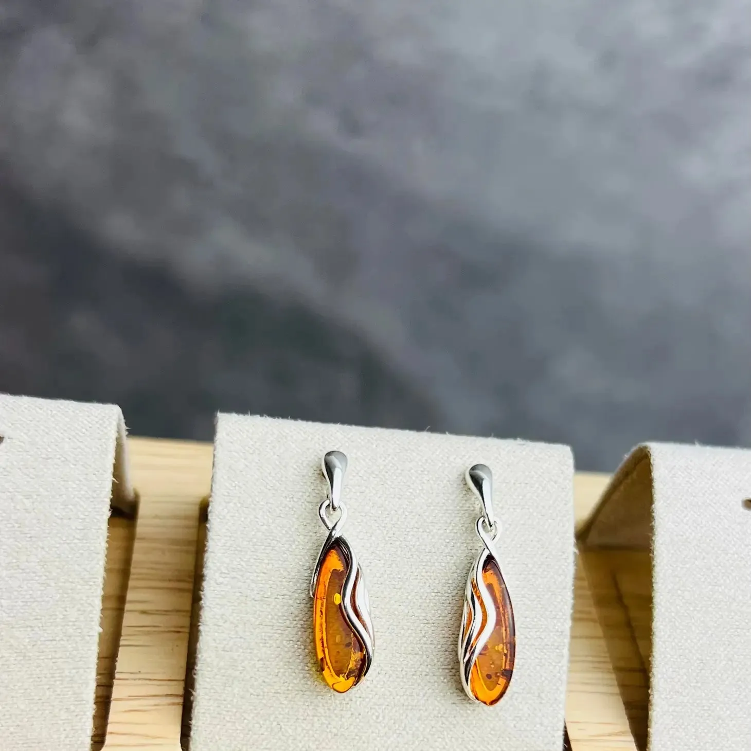 Sterling Silver & Genuine Baltic Amber Modern Studs Dangling Earrings - cognac