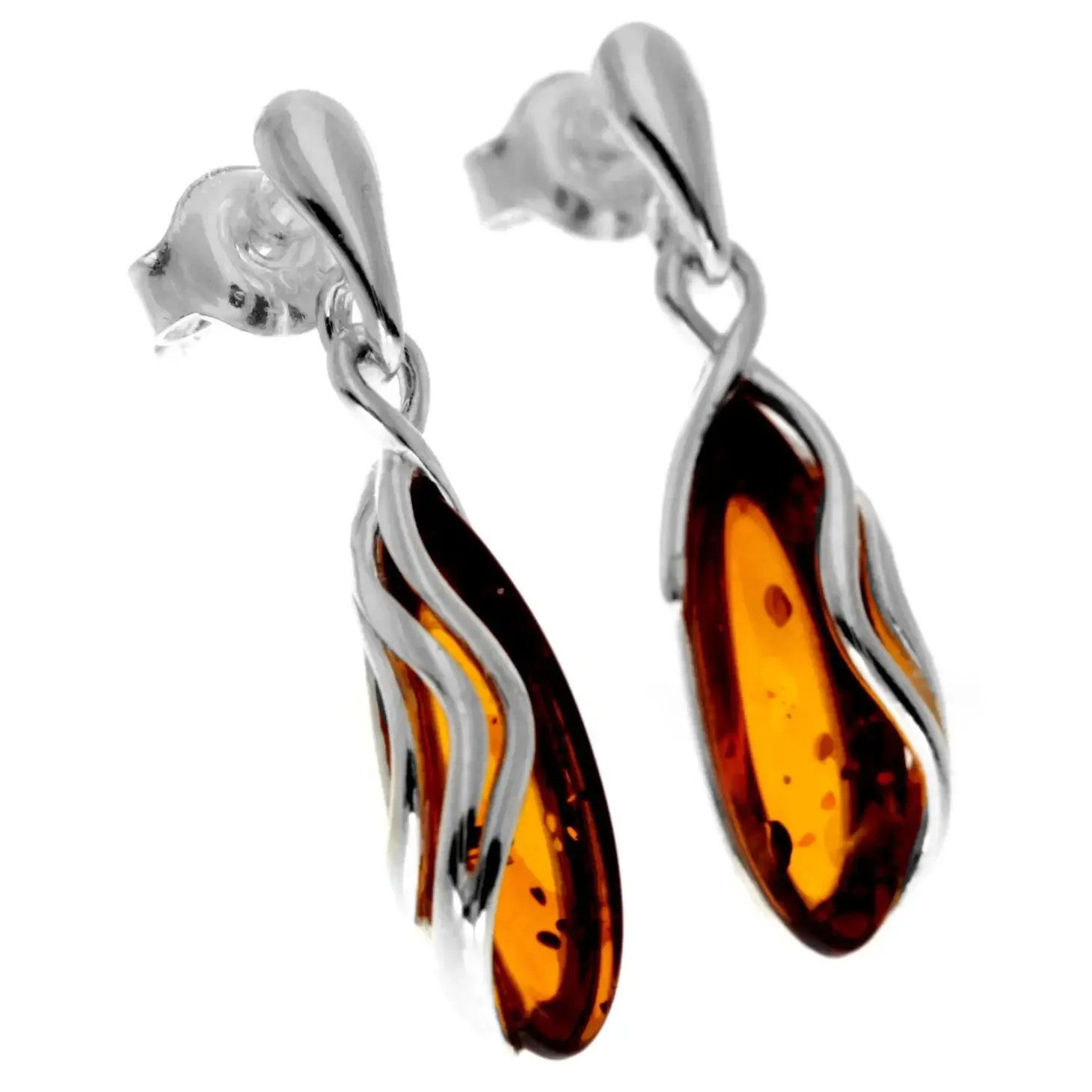 Sterling Silver & Genuine Baltic Amber Modern Studs Dangling Earrings - cognac