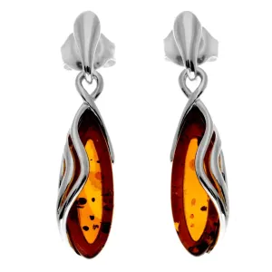 Sterling Silver & Genuine Baltic Amber Modern Studs Dangling Earrings - cognac