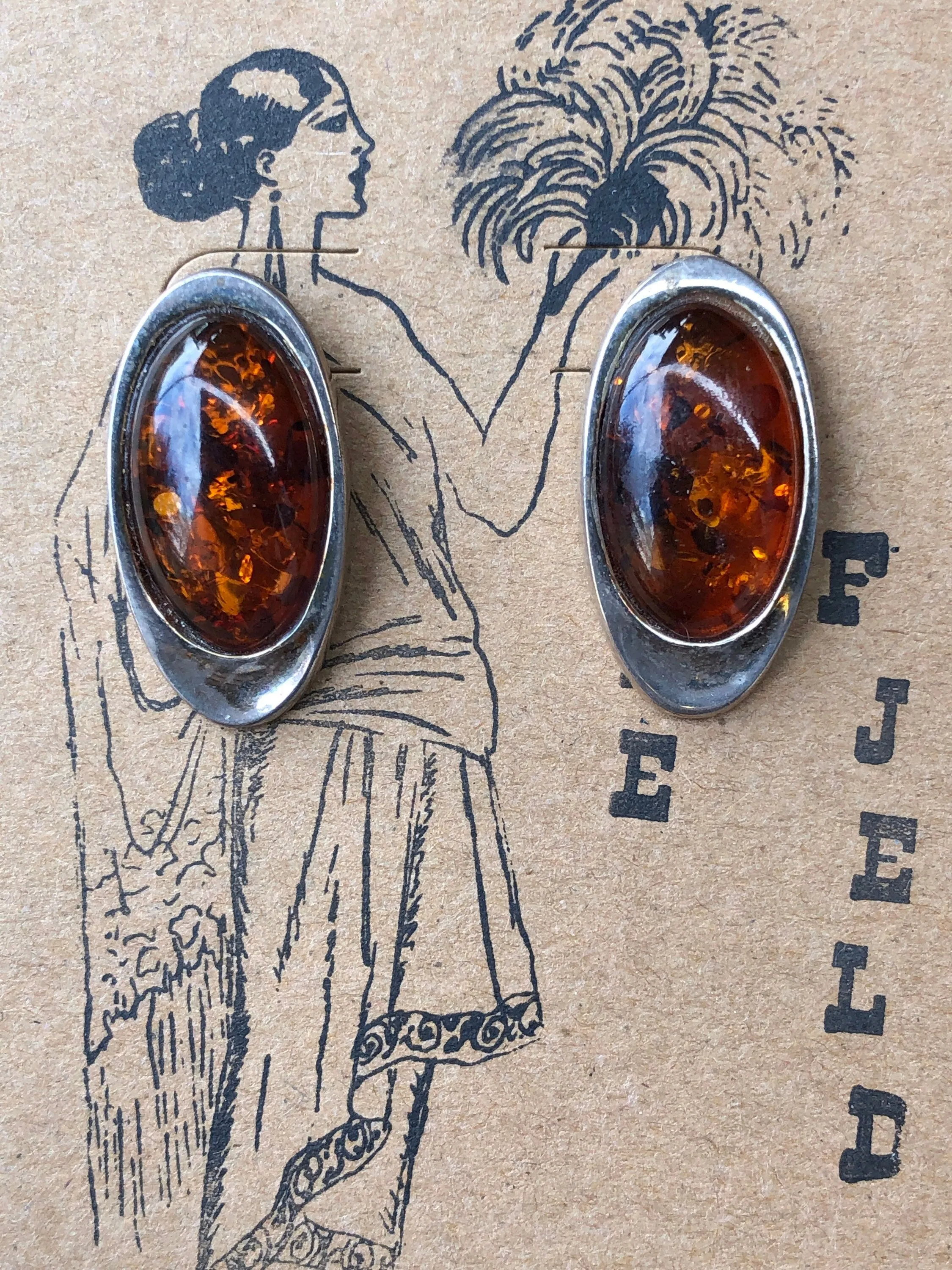 Sterling silver and baltic amber mid century pierces post earrings