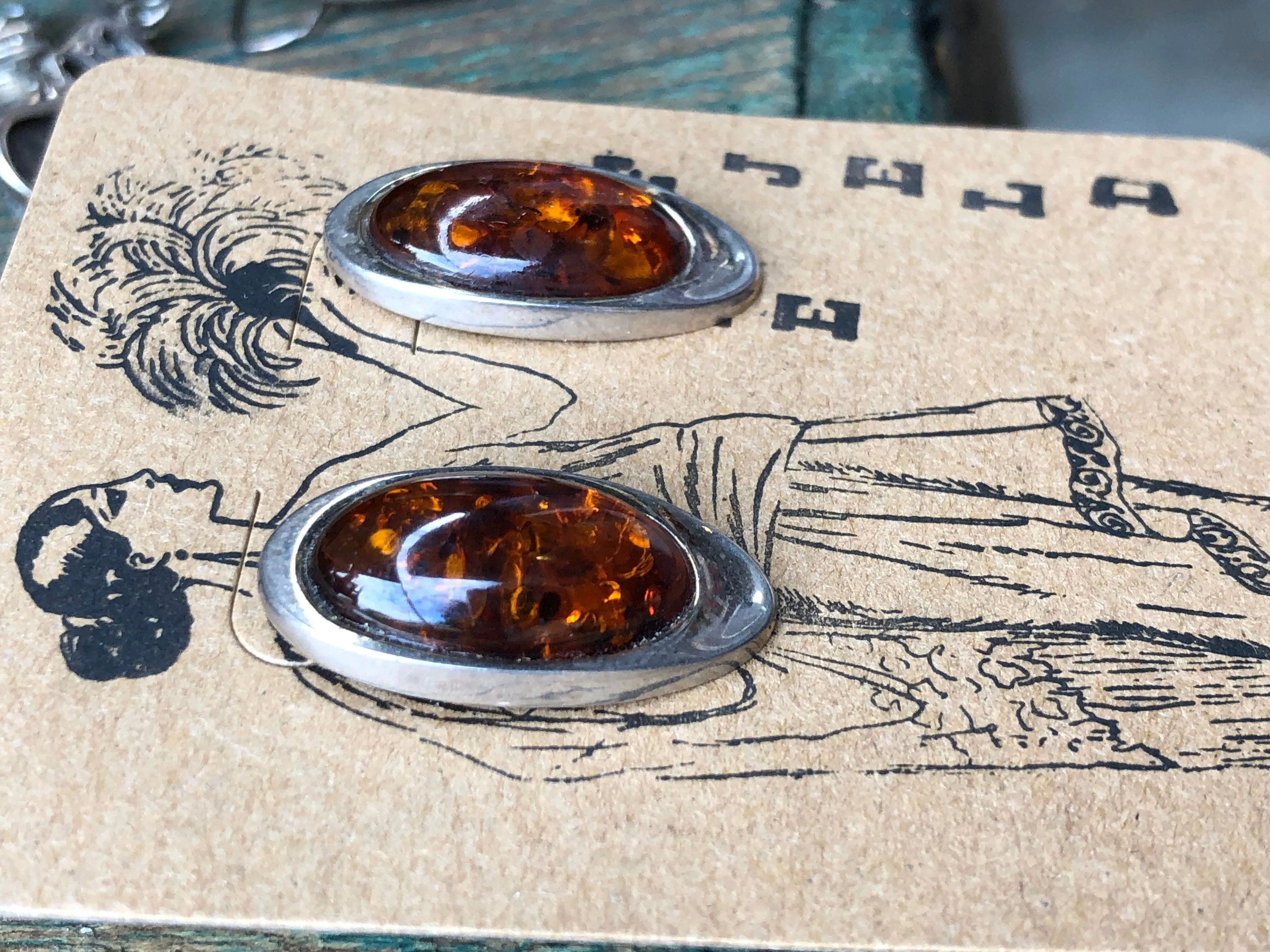 Sterling silver and baltic amber mid century pierces post earrings