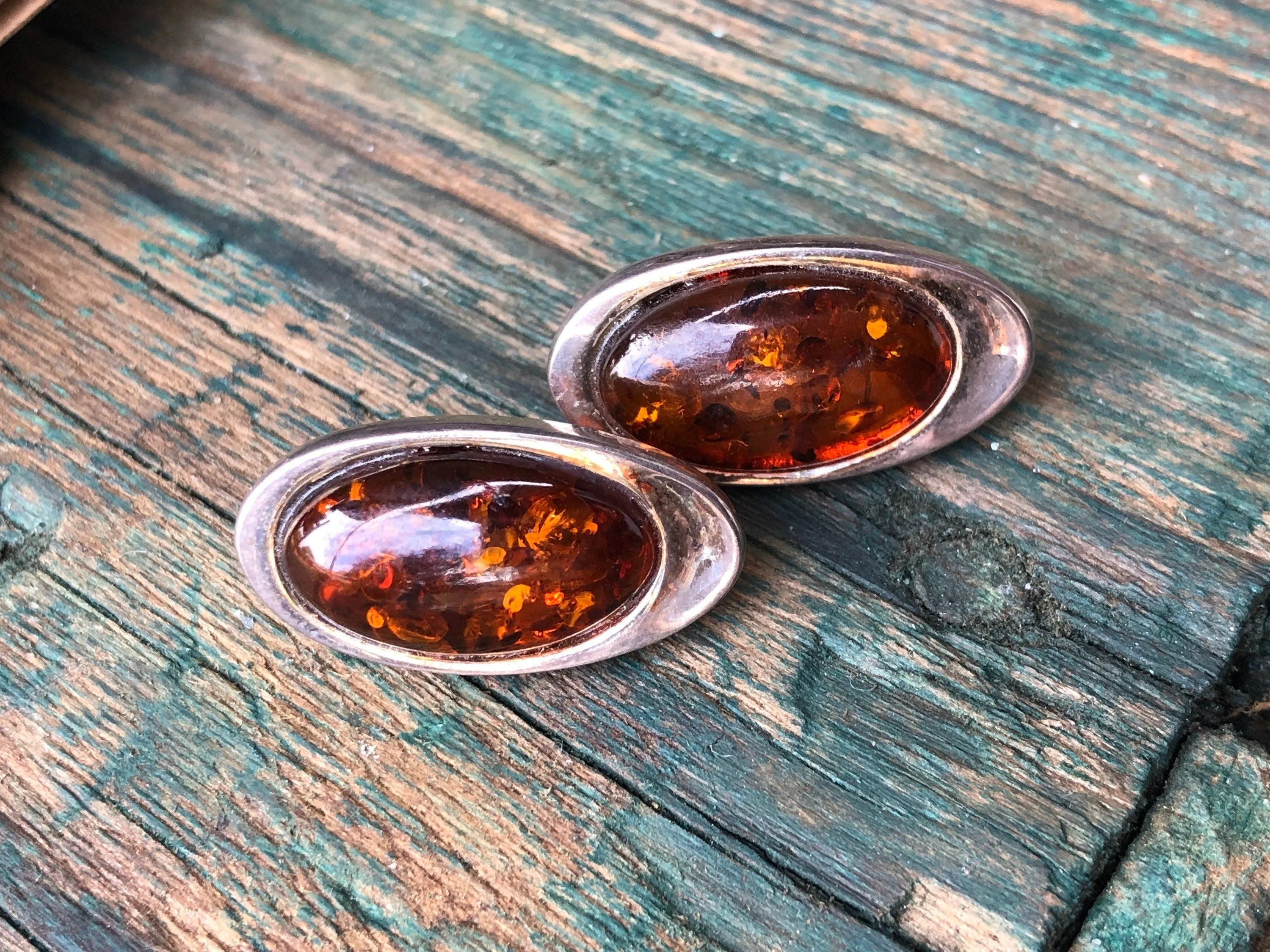 Sterling silver and baltic amber mid century pierces post earrings