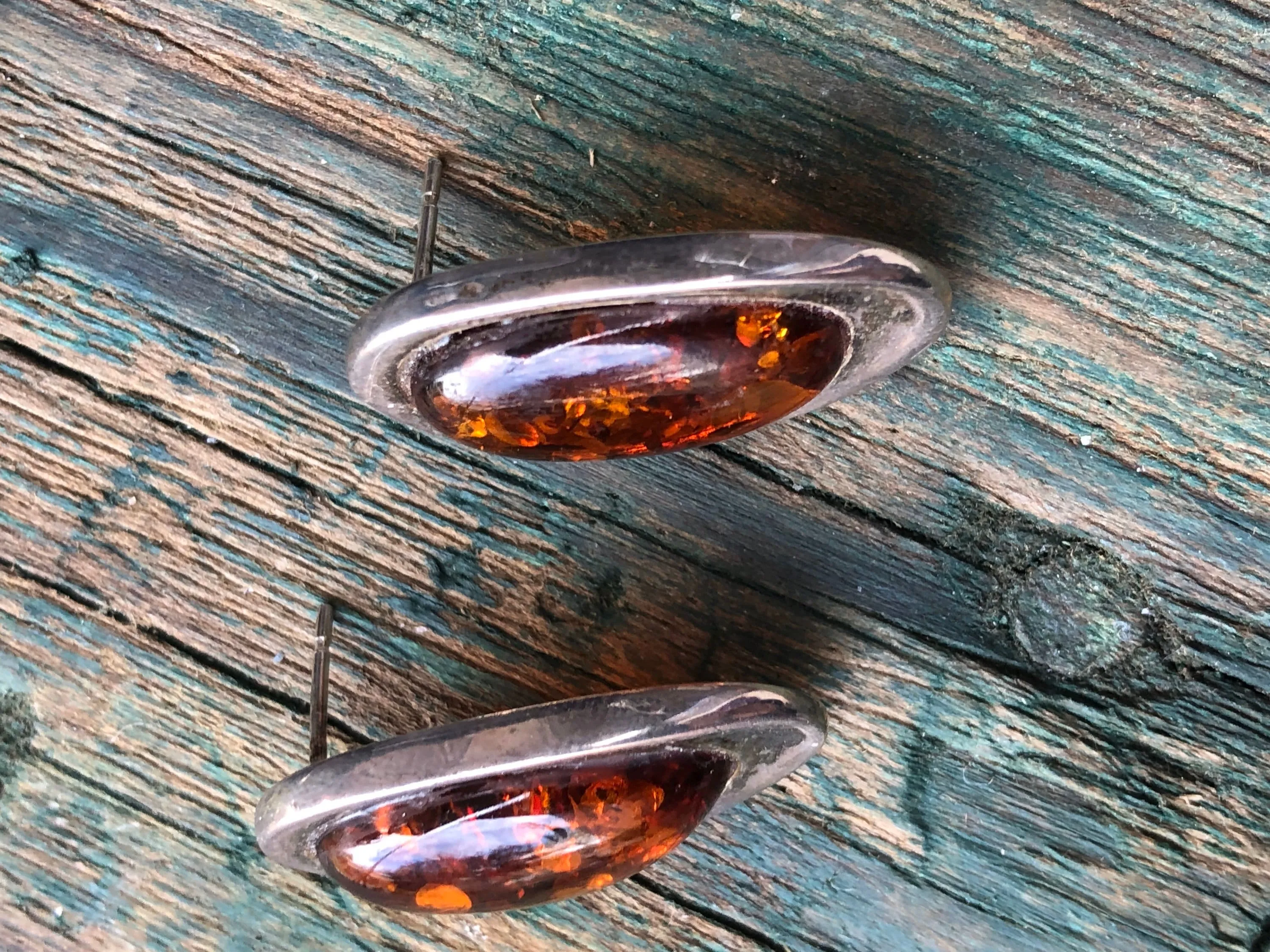 Sterling silver and baltic amber mid century pierces post earrings