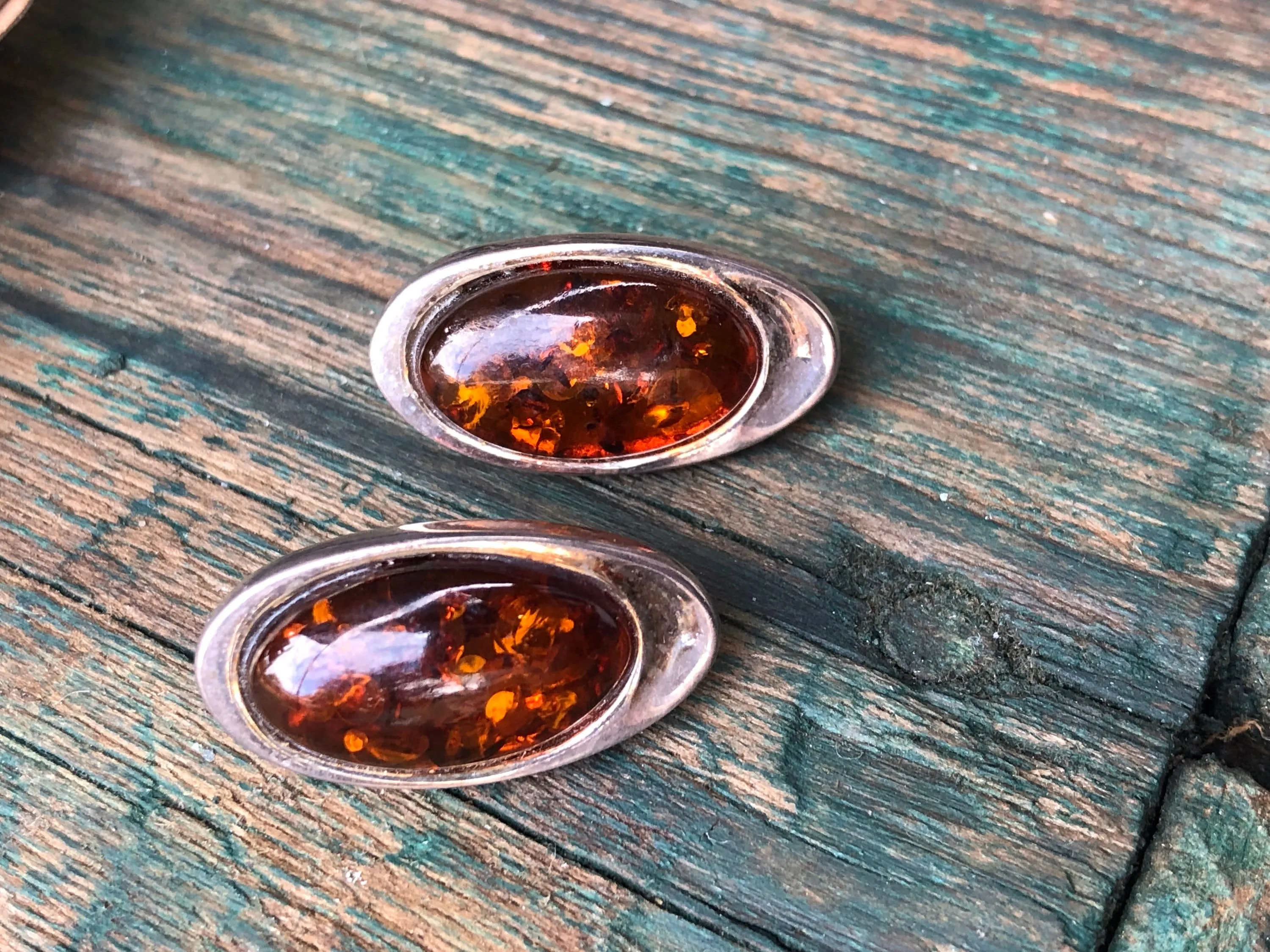 Sterling silver and baltic amber mid century pierces post earrings