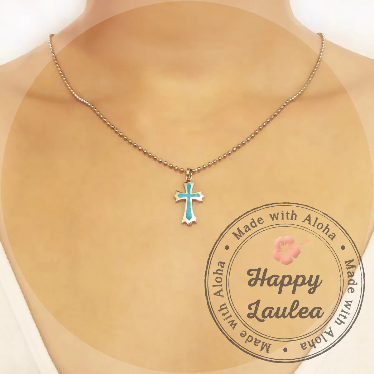 Sterling Silver Cross Pendant with Blue Opal Inlay