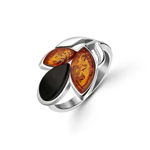 Sterling Silver Whitby Jet & Amber Three Leaf Ring