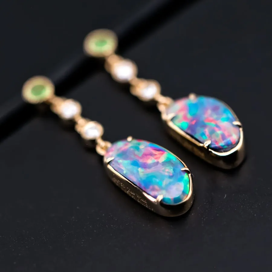 Stylish Doublet Opal Fossil Shell Diamond Tsavorite Drop Earrings 18k Yellow Gold
