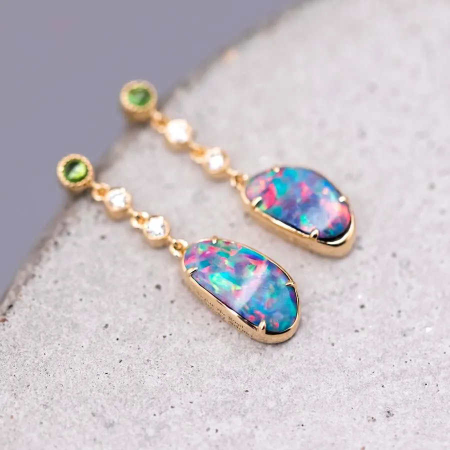 Stylish Doublet Opal Fossil Shell Diamond Tsavorite Drop Earrings 18k Yellow Gold
