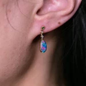 Stylish Doublet Opal Fossil Shell Diamond Tsavorite Drop Earrings 18k Yellow Gold