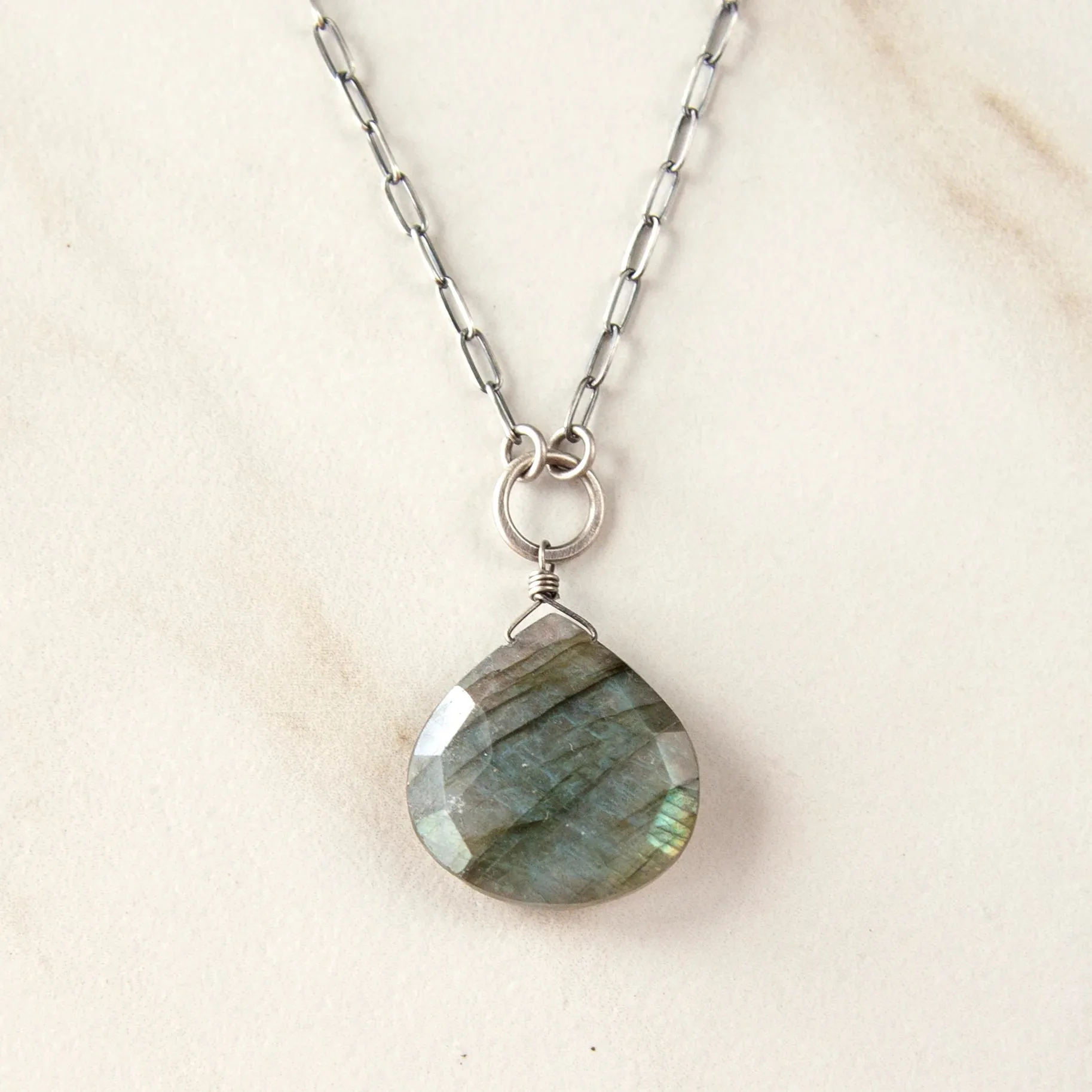Tasi Labradorite Silver Necklace Paperclip Chain
