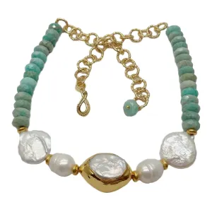Tropical Peruvian Amazonite & White Keshi Pearl Statement Necklace 20"