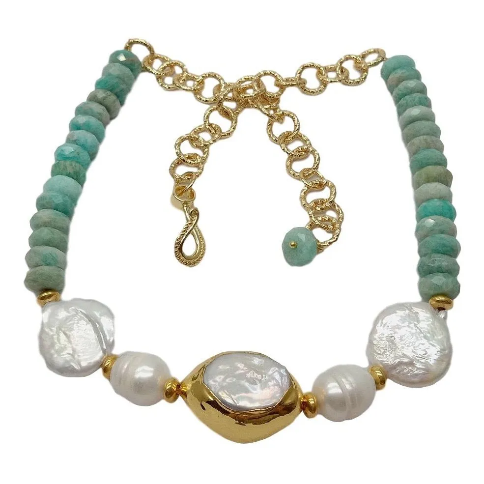 Tropical Peruvian Amazonite & White Keshi Pearl Statement Necklace 20"